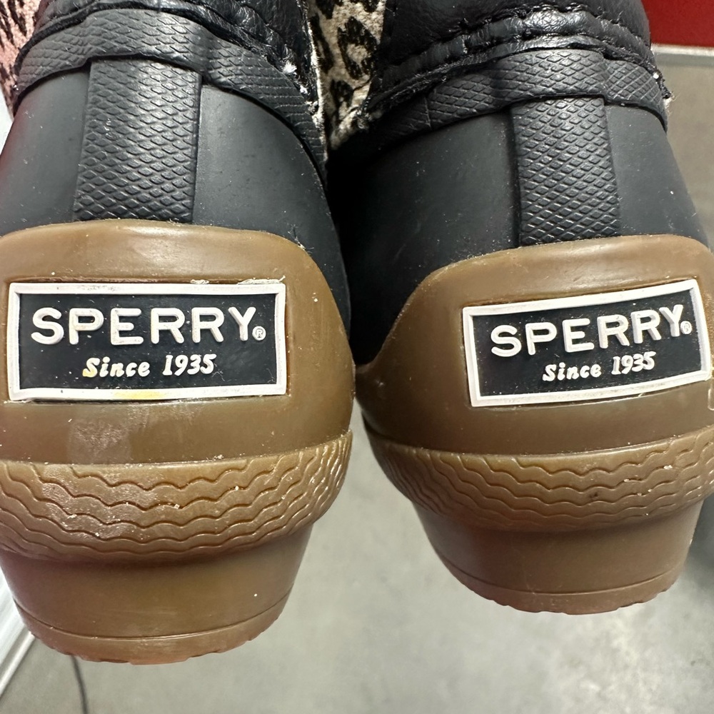 Sperry Women's Leopard-Print Lace-Up Duck Boot in Black and Beige - Picture 2 of 7